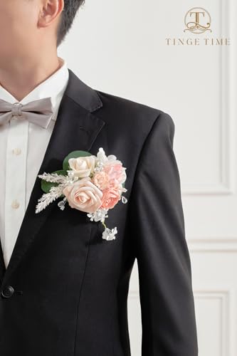 TINGE TIME Boutonniere for Men Wedding,Groom and Best Man Boutonniere for Wedding, Prom, Homecoming, Anniversary, Graduation, Christmas Dinner (1, Champange&Pink) - color: Champange&pink