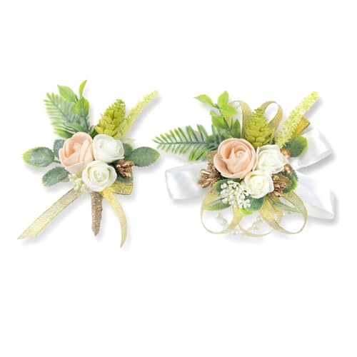 Champagne Gold Corsage and Boutonniere Set Wrist Corsage Wristlet for Prom Groom Flower Boutonniere for Men Wedding Party Homecoming Accessories Suit - color: Champagne Gold