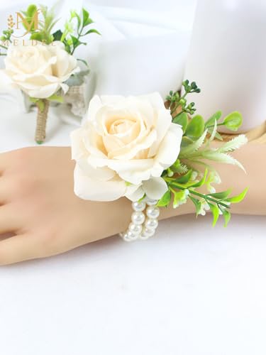Cream Rose Wrist Corsage and Boutonniere Set for Dance Party Wedding | Pearls Wristlet Corsage for Bride Bridesmaids, Boutonniere for Groom Best Man Wedding Flower Accessories Prom Ceremony Party - color: Champagne-c 1 Boutonniere&1 Wrist Corsage