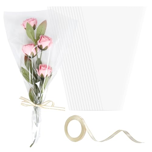 Wzifyf 50 PACK Flower Bags for Bouquets Flower Bouquet Holders Clear Floral Wrapping Paper flower Sleeves Build Your Own Bouquet Bar with 72 Ft Ribbons for Valentine's Day Packaging - color: Clear, size: bouquet wrap