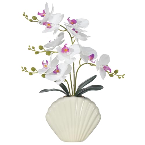 Artificial Phalaenopsis Orchid Plant in Seashell Pot, 16" Fake Orchid Flowers, Silk Faux Orchids for Home Decor, Office, Table Centerpiece, Real Touch Lifelike Indoor House Plant (White) - color: White