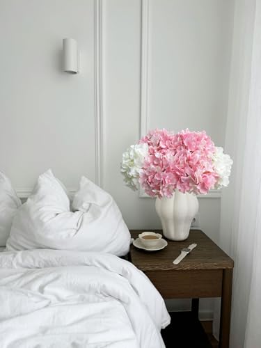 20" Silk Hydrangea Artificial Flowers 2Pcs White/ 4Pcs Pink Long Stems Real Looking Bouquet for Living Room Wreath Decor - color: White/Pink