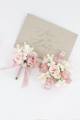 Blush Pink Rose Corsage and Boutonniere Set, Prom Flower Wrist Corsage Wristlet Band Bracelet, Boutonniere for Men Wedding Flowers Accessories Prom Suit Decorations - color: Blush Pink