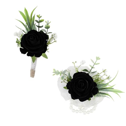 Ansofi Black Corsage and Boutonniere Set Artificial Rose Flower Wrist Corsage and Boutineers for Groom Groomsmen Bride Bridesmaids Prom Rustic Vintage Wedding Decor - color: Black