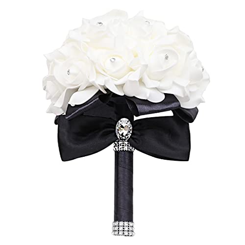Yoanshop Wedding Bouquets for Brides or Bridesmaids Crystal Silk Roses Bridal Bridesmaid Wedding Hand Bouquet Artificial Fake Flowers (Black) - color: Black