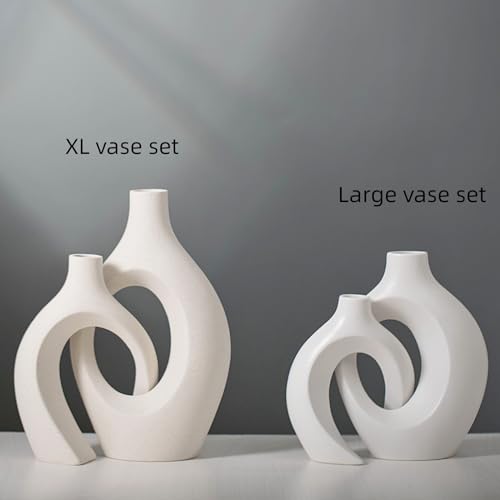 Levvohd XL Beige Ceramic Vase Set of 2 for Modern Home Decor, Eclectic Entryway Modern Boho Hollow Flower Vases for Living Room Bookshelf Dining Coffee Table Centerpiece (W 6.8" X H 11") - color: Beige - Xl Hollow
