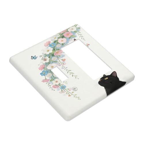 Decorative Art Light Switch Covers Black Cat Hanging Blooms 2 Gang Single Toggle Rocker Combination Electrical Faceplate Switchplate Wall Plate for Home Decor - color: Black Cat Hanging Blooms, size: 2 Gang 1-GFCI 1-Toggle Comb/4.5 x 4.5 IN