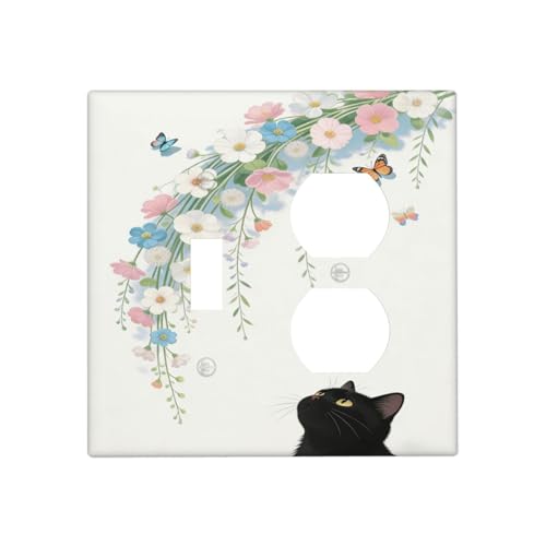 Decorative Art Light Switch Covers Black Cat Hanging Blooms 2 Gang Single Toggle Duplex Combination Electrical Faceplate Switchplate Wall Plate for Home Decor - color: Black Cat Hanging Blooms, size: 2 Gang Toggle-Duplex Comb/4.5 x 4.5 IN
