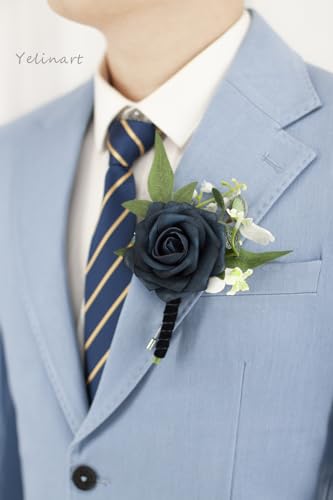 Set of 6 Navy Blue Boutonniere for Men for Wedding Groom Groomsmen Artificial Rose Rose Flowers Boutonniere for Wedding Ceremony Anniversary Formal Dinner Party - color: Navy Blue, size: Pack of 6