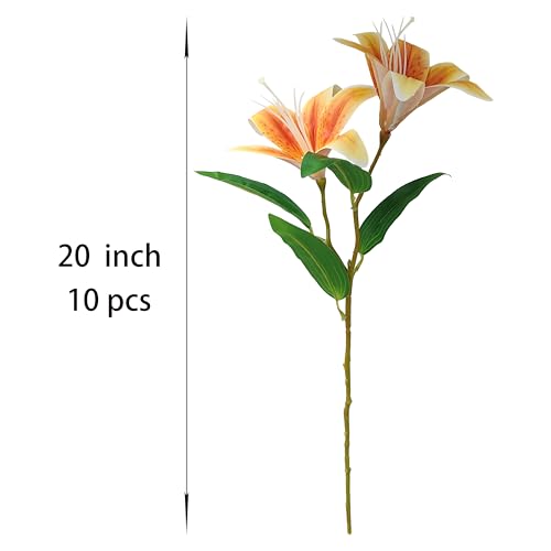 Artificial Lilies Flowers,10Pcs Faux Lily Flower,20''Tiger Lily Branch with 2 Full Blooms , Faux Fake Lilies Plants for Wedding Bouquet Home Party Indoor Floral Arrangements (10, deep orange) - color: Deep Orange