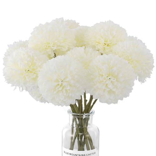 Rowfad 12 Pcs Artificial Chrysanthemums Flowers Silk Ball White Flowers Fake Mums Spring Flowers for Valentine‘s Day Wedding Home Decor (12, White) - color: White