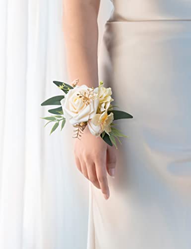 Set of 2 Wrist Corsage Wristlet for Wedding Bridesmaid Mother Grandmother for Bridal Shower Wedding Artificial Roses Flower Prom (Champagne) - color: Champagne