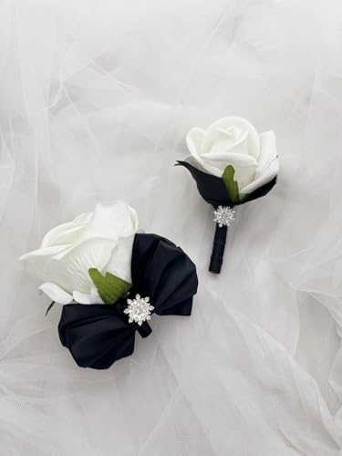 Ting & Cecilly Rose Wrist Corsage Boutonniere Set Artificial Flower Corsage Boutonniere with Satin Ribbon Rhinestone Decor Handmade Silk Flower for Prom Wedding Party Suit Decor (Black) - color: Black