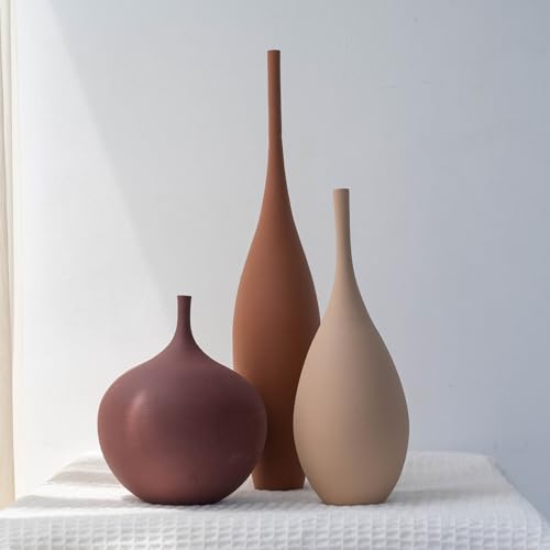 Relexome Ceramic Modern Vase Set of 3 Farmhouse Decorative Vase Minimalist Aesthetic Vases for Centerpieces Matte Ribbed Vases for Home Decor Table Entryway Living Room (Brown+Khaki+ Dark Red) - color: Multicolor