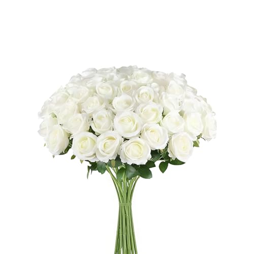 30 Pcs White Roses Artificial Flowers,Artificial Roses in Bulk,Fake Roses with Stems,DIY Wedding Bouquets,Wedding ornaments,Valentine's Day Party Decorations,A rose symbolizes love (white, 30 pcs) - color: White, size: 30 pcs