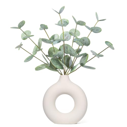 FIACO Artificial Eucalyptus Stems in Ceramic Vase, 14" Fake Plants for Home Decor, Coffee Table Centerpiece Bathroom Shelf Dining Table Farmhouse Faux Greenery Plants Indoor Decorations - color: Green Eucalyptus - White Donut Ceramic Vase