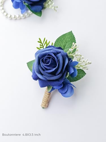 Athens Blue Rose Corsage and Boutonniere Set Wristlet Corsage for Bride Bridesmaids, Boutonniere for Groom Groomsmen Prom Wedding Flowers Accessories,Homecoming, Anniversary, Graduation (Athens Blue) - color: Athens Blue