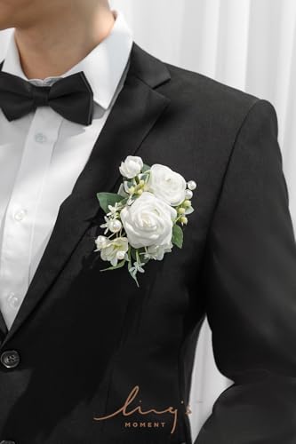 Ling's moment Pocket Boutonniere Single, Boutonniere for Men Groom for Wedding, Prom, Homecoming, Anniversary, Graduation, etc.White Ranunculus Ivory, 6" W x 5" H - color: Wht-white Ranunculus & Ivory, size: 6" W x 5" H