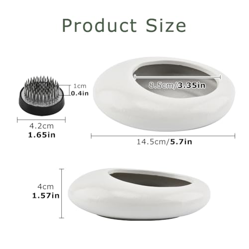 Flower Frog Vase Kit, Japanese Ikebana Flower Arrangement with 1.57 Inch Kenzan Ceramic White Pebble Shaped Bowl, 2-in-1 Flowers Arrangement Kenzan Needle Straightening Tool(Color:White) - color: White