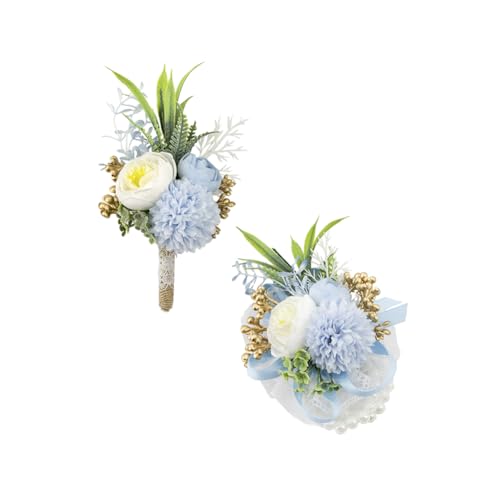 Ansofi Light Blue Corsage and Boutonniere Set Artificial Rose Flower Wrist Corsage and Boutineers for Groom Groomsmen Bride Bridesmaids Prom Rustic Vintage Wedding Decor - color: Light Blue