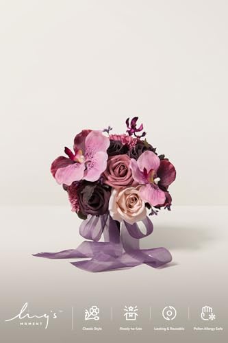 Ling's moment Wedding Artificial Flowers Package, Bridal Bouquet, Bridesmaid Bouquets, Boutonniere for Men, Rose Petals.Plum Lily Grape - color: Prpl-plum Lily & Grape