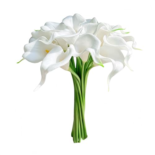 18pcs Real Touch Artificial Calla Lily Flowers for Decoration, Outdoor Wedding Bouquets, Lifelike Faux Flowers for Home, Garden, Party, and Event Decor (White&Green) - color: White&green