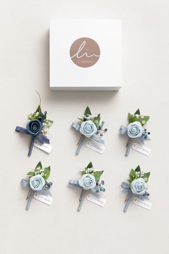 Ling's Moment Boutonniere for Men, 6pcs Groom Groomsmen Boutonniere with Built-in Pins, Artificial Flowers for Wedding Decor/Prom/Homecoming, etc.Dusty Blue Light Blue - color: Blu-dusty Blue & Light Blue
