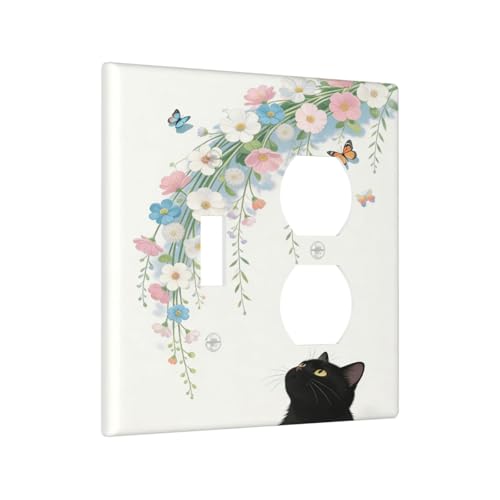 Decorative Art Light Switch Covers Black Cat Hanging Blooms 2 Gang Single Toggle Duplex Combination Electrical Faceplate Switchplate Wall Plate for Home Decor - color: Black Cat Hanging Blooms, size: 2 Gang Toggle-Duplex Comb/4.5 x 4.5 IN