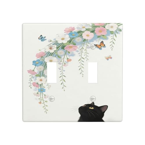 Decorative Art Light Switch Covers Black Cat Hanging Blooms 2 Gang Double Toggle Wall Plate Decorative Switchcover Electrical Switchplate for Home Decor - color: Black Cat Hanging Blooms, size: 2-Gang Toggle / 5 x 4.9 IN