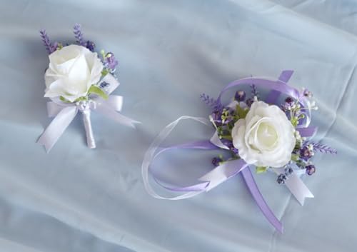 Ting & Cecilly Lavender Rose Wrist Corsage Wristlet Band Bracelet and Men Boutonniere Set for White Wedding Flower Accessories Prom Suit Decorations