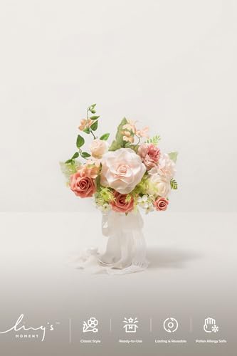 Ling's moment Wedding Artificial Flowers Package, Bridal Bouquet, Bridesmaid Bouquets, Boutonniere for Men, Rose Petals.Peach Smoothie Blush - color: Pk-peach Smoothie & Blush