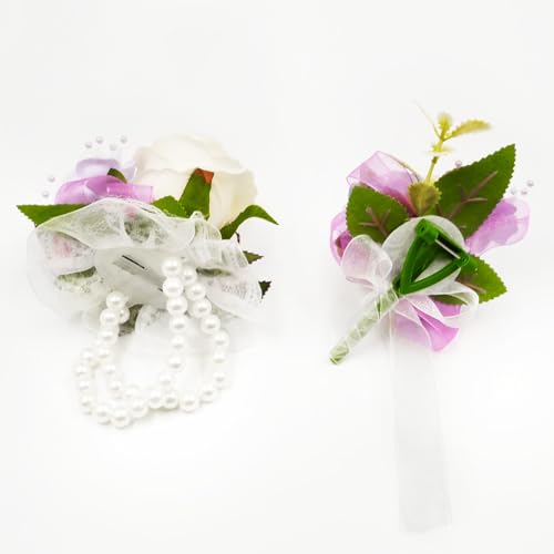 Wrist Corsage and Boutonniere Set, Artificial Rose Corsage Wristlet and Boutonniere for Wedding Prom Party (Purple-002) - color: Purple 1 Boutonniere&1 Wrist Corsage