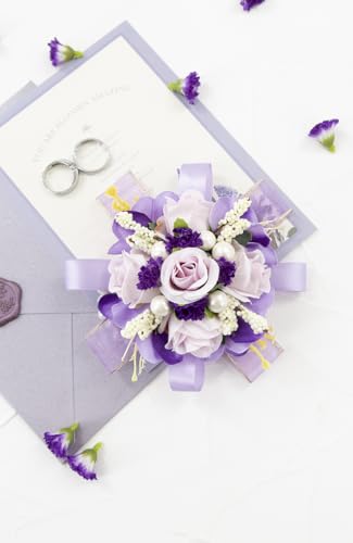 Purple Rose Corsage and Boutonniere Set, Prom Flower Wrist Corsage Wristlet Band Bracelet, Boutonniere for Men Lavender Wedding Flowers Accessories Prom Suit Decorations - color: Purple