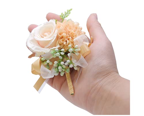 Rikyo 2 Pack Champagne Flower Wrist Corsage Boutonniere Set,3" Artificial Rose Carnation Wrist Corsage and Men Boutonniere Set,Curtain Tiebacks,DIY Silk Flower for Wedding Flowers Prom Suit Decor - color: Champagne