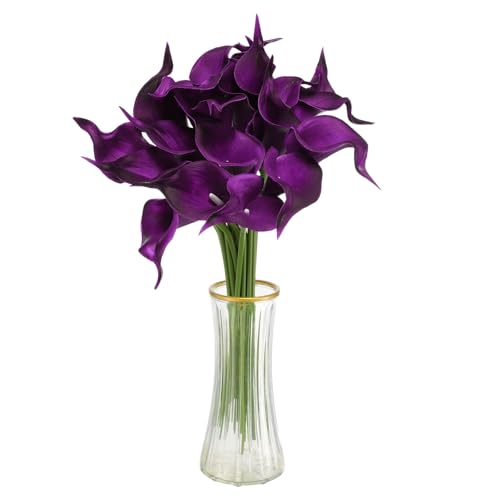 HARFINGTON 20pcs Artificial Calla Lily Fake Silk Flowers Bouquet Real Touch for Home Garden Wedding Party Decoration, Dark Purple - color: Dark Purple