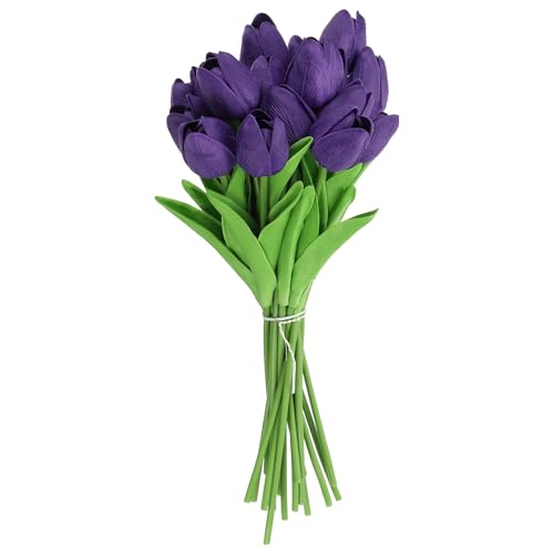 uxcell 20pcs Tulips Artificial Flowers, Faux Flowers Silk Fake Tulip Stems Real Touch for Wedding Bouquet Centerpiece Table Party Decoration(Dark Purple) - color: Dark Purple