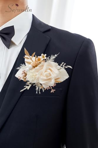 Serwalin 2 Pcs Boutonniere, 6-7 Inch Champagne Corsage for Wedding, Boutonniere for Men Groom and Best Man Prom Ceremony Anniversary Party Suit - color: A Champagne, size: Boutonniere-2pcs