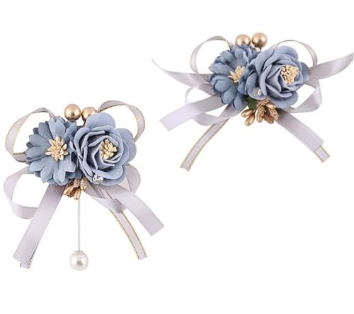 Dusty Blue Wrist Corsage and Boutonniere Set for Groom Groomsmen Men Suit Bride Bridesmaid Artificial Flower Wrist Corsage for Wedding Prom Homecoming Party Dusty Blue - color: 1 Boutonniere & 1 Wrist Corsage (Dusty Blue)