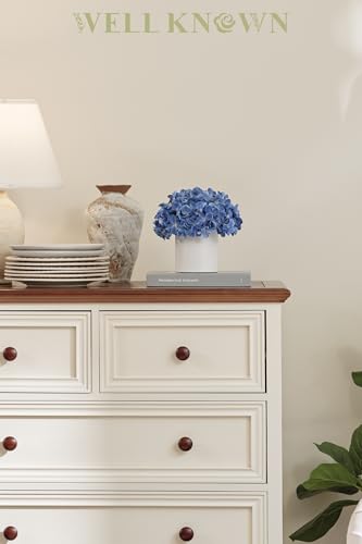Blue Hydrangea Fake Flowers in Vase, Artificial Flowers with Ceramic Vase, Small Faux Potted Floral Arrangements for Home Bathroom Kitchen Office Coffee Table Wedding Party Centerpiece Decor & Gift - color: Hydrangea, Blue
