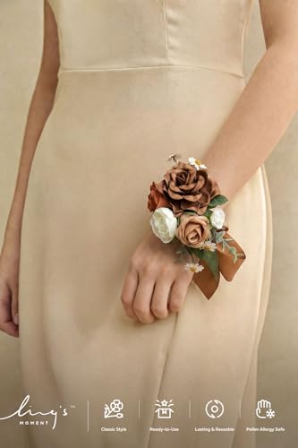 Ling's moment 2pcs Prom Wrist/Shoulder Corsage Artificial Flower, Girl/Mother Homecoming/Wedding Corsage Wristlet Décor, etc. Sand Dune Brown - color: Brn-sand Dune & Brown