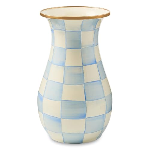 MACKENZIE-CHILDS Enamel Vase, Unique Flower-Vase Decor for Living Room, Tall, Light-Blue-and-White Sky Check - color: Sky Check
