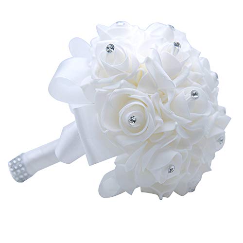 MOJUN Wedding Bouquets Crystal PE Roses Bridal Bridesmaid Wedding Hand Holding Bouquet Artificial Fake Flowers Toss Bouquet, Pure-White - color: Pure-white