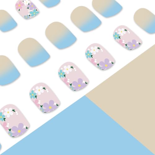 Flower Press on Nails Short Square Fake Nails Nude Blue False Nails with Colorful Floral Designs Full Cover Stick on Nails Glue on Nails Summer Nails Acrylic Nails for Women Girls 24 Pcs - color: Flower Square41