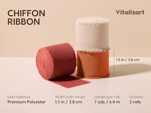Vitalizart Fall Handmade Chiffon Silk Ribbon Fringe 1.5" x 21 Yd Terracotta Frayed Edges Ribbons for Wedding Invitations Bridal Bouquets Gifts Wrapping Crafts Holiday Party Decorations - color: Fall