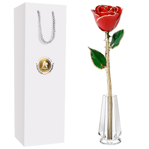 AliveRose Valentines Day Gift for Her Roses, Unique Design Gold Dipped Rose for Anniversary Valentines Mothers Day Birthday Gifts (Red Handmade with Crystal Vase) - color: A0. Red Handmade Rose White Crystal Vase