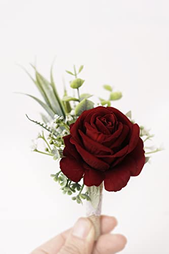Ansofi Set of 6 Wine Red Boutonniere for Best Men Groom Groomsmen Burgundy Buttonholes for Wedding Party Prom Decoration
