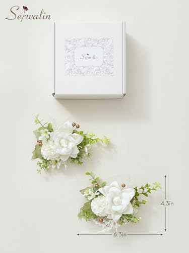 Serwalin 2 Pcs Wrist Corsage and Boutonniere Set, 6-7 Inch Ivory White Corsage for Wedding, Boutonniere for Men Corsage Wristlet Prom Ceremony Anniversary Accessories Suit - color: Ivory White, size: 1 Boutonniere & 1 Wrist Corsage-2pcs