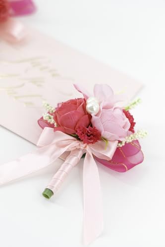 Hot Pink Rose Corsage and Boutonniere Set, Prom Flower Wrist Corsage Wristlet Band Bracelet, Boutonniere for Men Wedding Flowers Accessories Prom Suit Decorations - color: Hot Pink