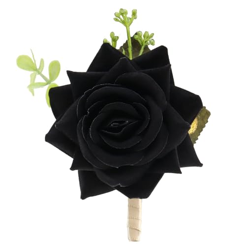 Artificial Black Rose Flowers Boutonnieres for Men Best Men Wedding Groom Groomsmen Handmade Silk Flowers Boutonniere for Wedding Anniversary Prom Homecoming Dance Black Rose Boutonniere - color: Black Rose Boutonniere