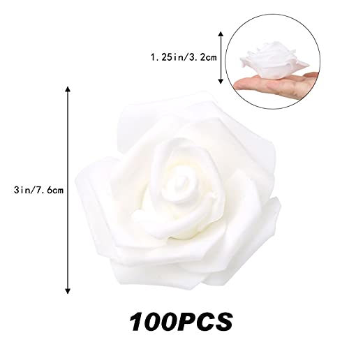 Artificial Rose Flower Heads, 100pcs White Foam Roses Artificial Flower Heads Fake Rose for DIY Wedding Bouquets Centerpieces Arrangements Party Baby Shower Home Decor (Stemless,White) - color: White, size: 100PCS